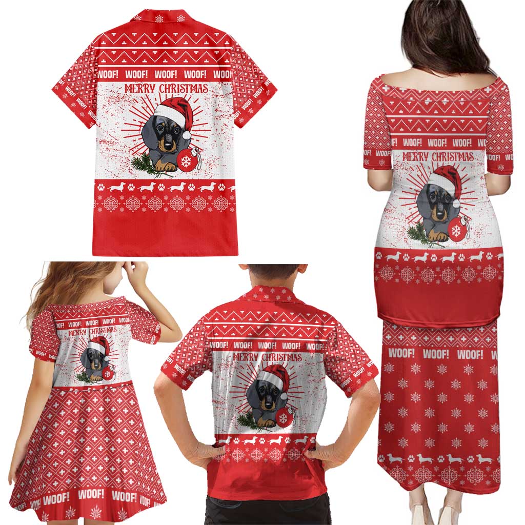 Christmas Dachshund Dog Family Matching Puletasi and Hawaiian Shirt Santa Hat Woof Snowflake Paw Design - Wonder Print Shop