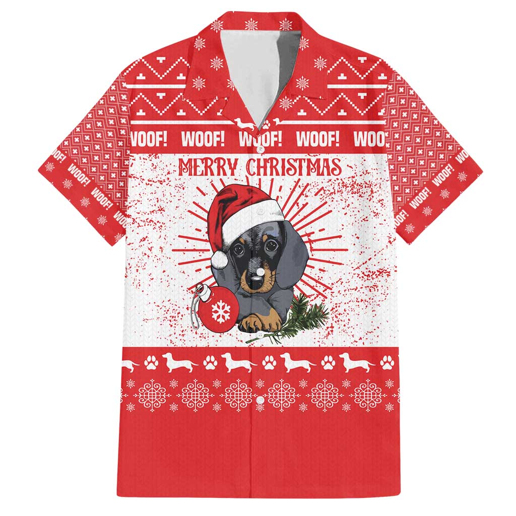 Christmas Dachshund Dog Family Matching Puletasi and Hawaiian Shirt Santa Hat Woof Snowflake Paw Design - Wonder Print Shop