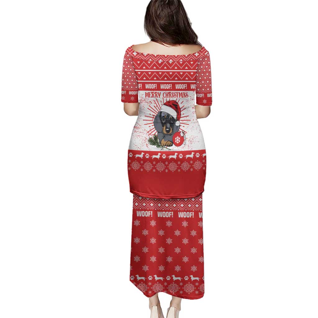Christmas Dachshund Dog Family Matching Puletasi and Hawaiian Shirt Santa Hat Woof Snowflake Paw Design - Wonder Print Shop