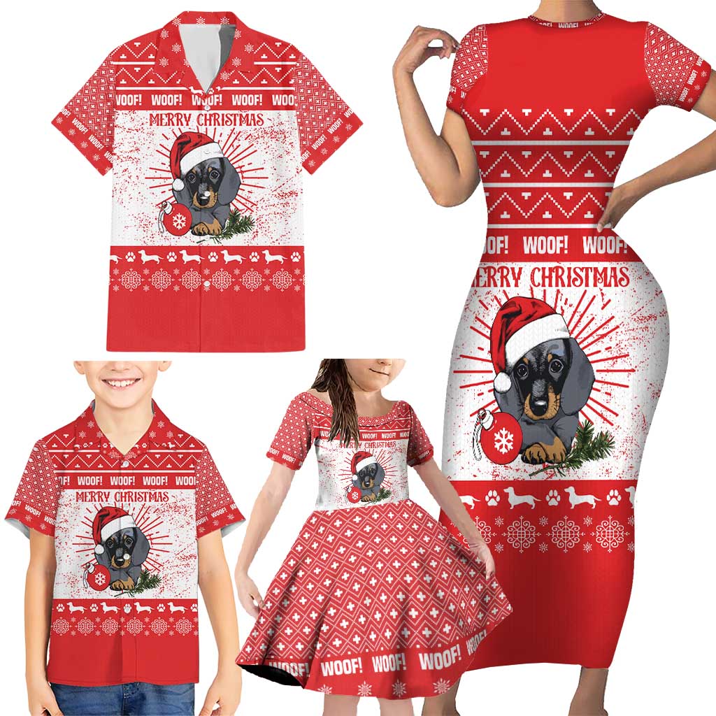 Christmas Dachshund Dog Family Matching Short Sleeve Bodycon Dress and Hawaiian Shirt Santa Hat Woof Snowflake Paw Design - Wonder Print Shop