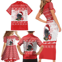 Christmas Dachshund Dog Family Matching Short Sleeve Bodycon Dress and Hawaiian Shirt Santa Hat Woof Snowflake Paw Design - Wonder Print Shop