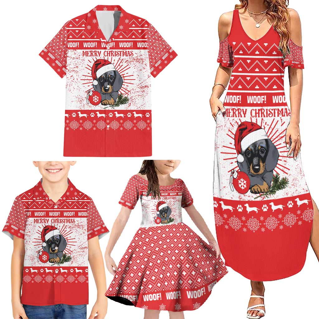 Christmas Dachshund Dog Family Matching Summer Maxi Dress and Hawaiian Shirt Santa Hat Woof Snowflake Paw Design - Wonder Print Shop