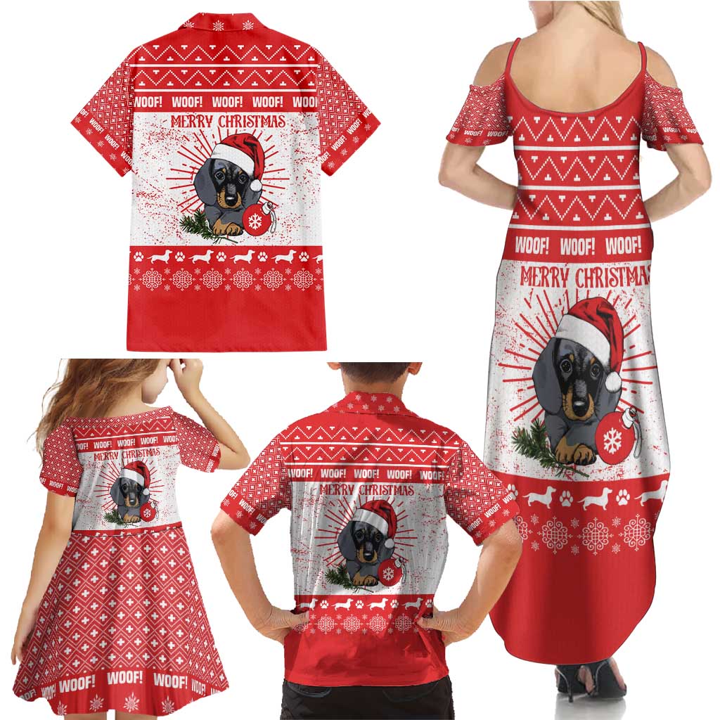 Christmas Dachshund Dog Family Matching Summer Maxi Dress and Hawaiian Shirt Santa Hat Woof Snowflake Paw Design - Wonder Print Shop