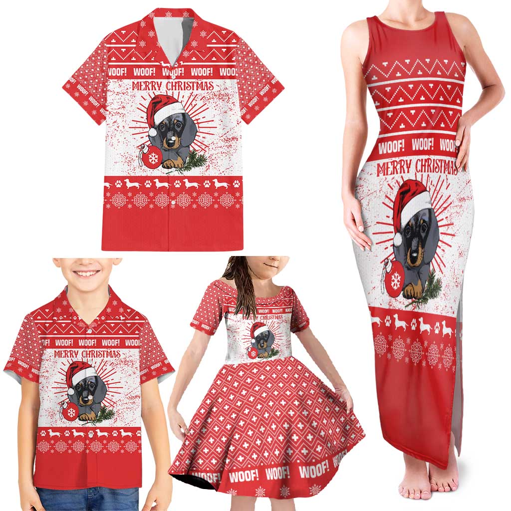 Christmas Dachshund Dog Family Matching Tank Maxi Dress and Hawaiian Shirt Santa Hat Woof Snowflake Paw Design - Wonder Print Shop