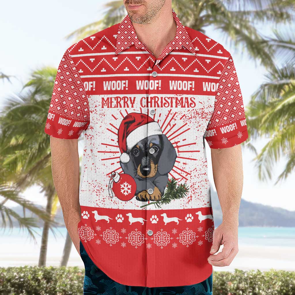 Christmas Dachshund Dog Hawaiian Shirt Santa Hat Woof Snowflake Paw Design - Wonder Print Shop