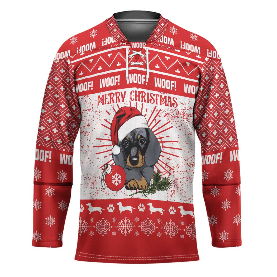 Christmas Dachshund Dog Hockey Jersey Santa Hat Woof Snowflake Paw Design - Wonder Print Shop