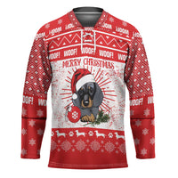 Christmas Dachshund Dog Hockey Jersey Santa Hat Woof Snowflake Paw Design - Wonder Print Shop