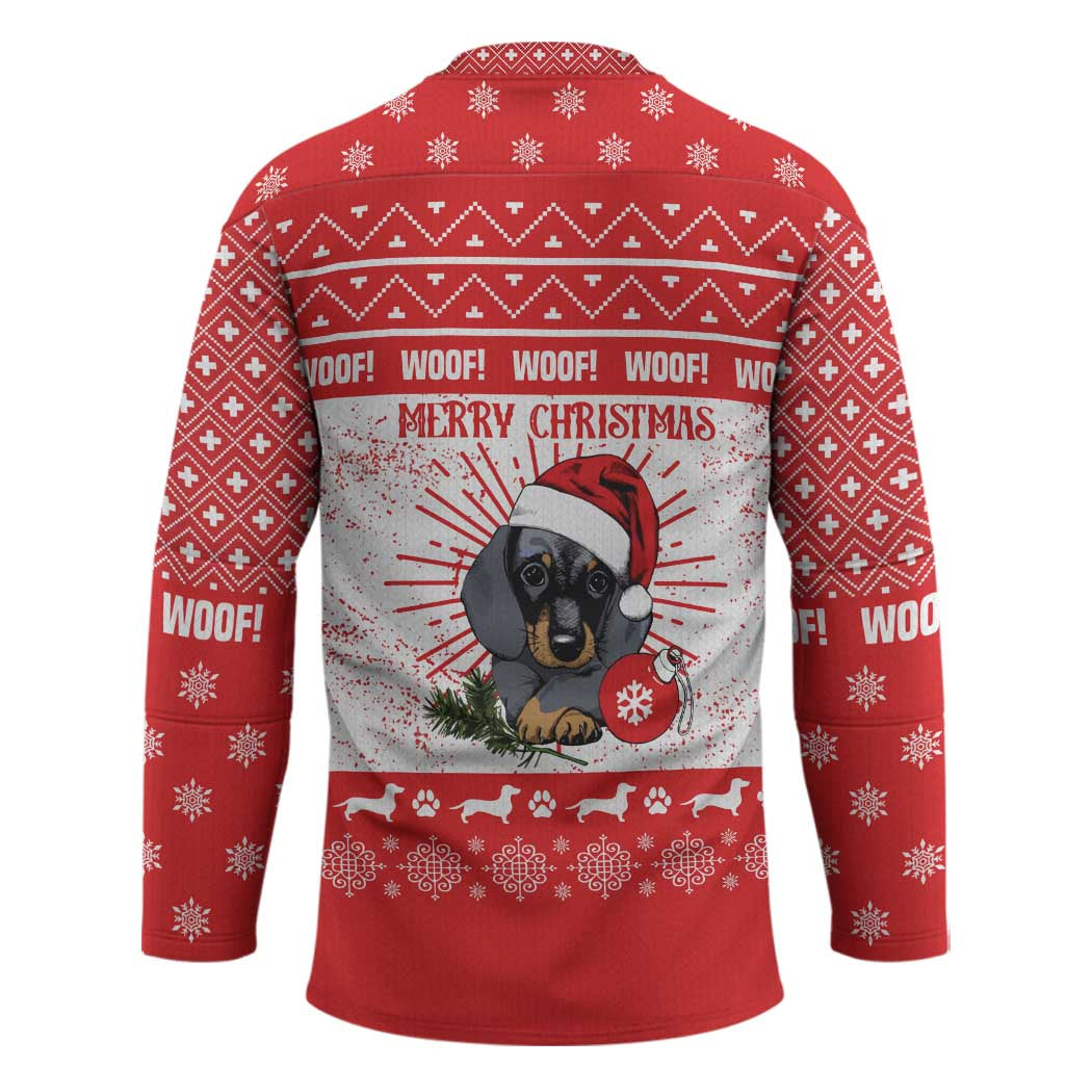 Christmas Dachshund Dog Hockey Jersey Santa Hat Woof Snowflake Paw Design - Wonder Print Shop