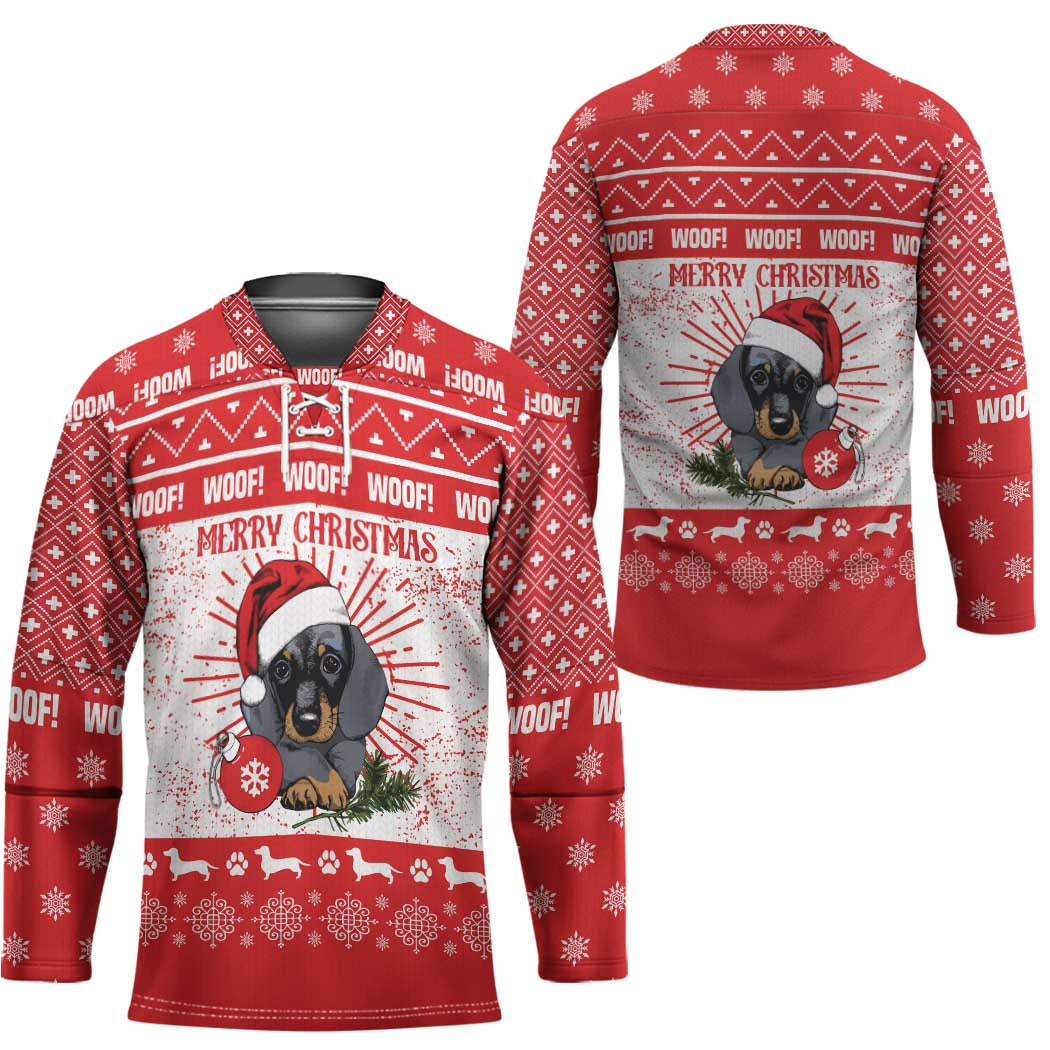 Christmas Dachshund Dog Hockey Jersey Santa Hat Woof Snowflake Paw Design - Wonder Print Shop