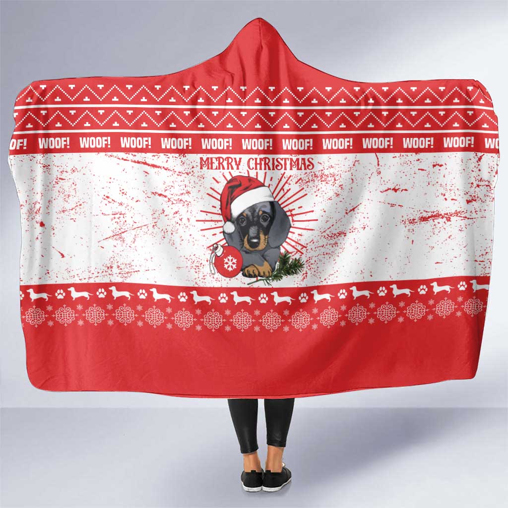 Christmas Dachshund Dog Hooded Blanket Santa Hat Woof Snowflake Paw Design - Wonder Print Shop