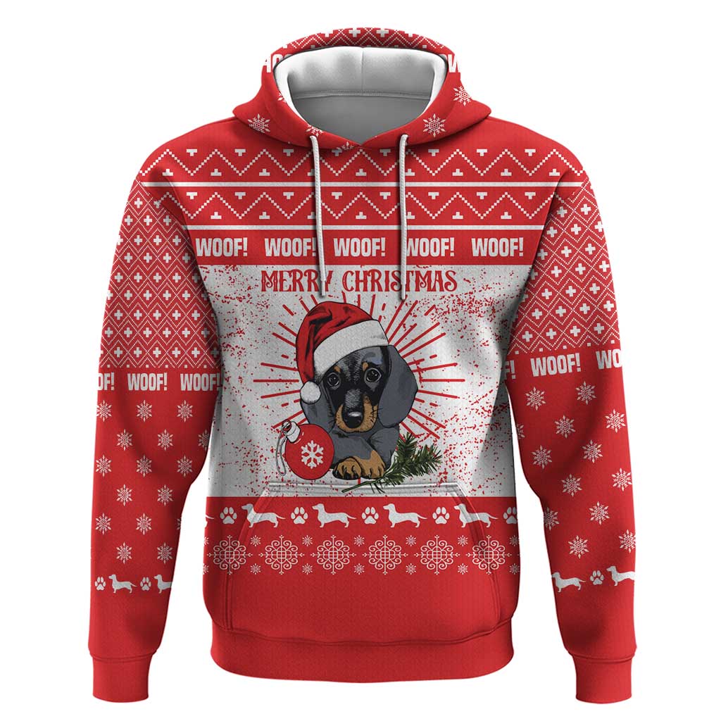 Christmas Dachshund Dog Hoodie Santa Hat Woof Snowflake Paw Design - Wonder Print Shop