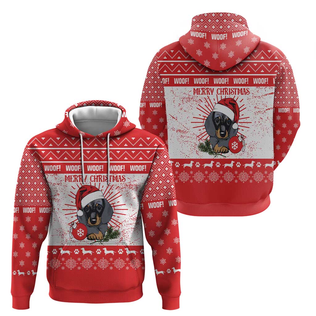 Christmas Dachshund Dog Hoodie Santa Hat Woof Snowflake Paw Design - Wonder Print Shop