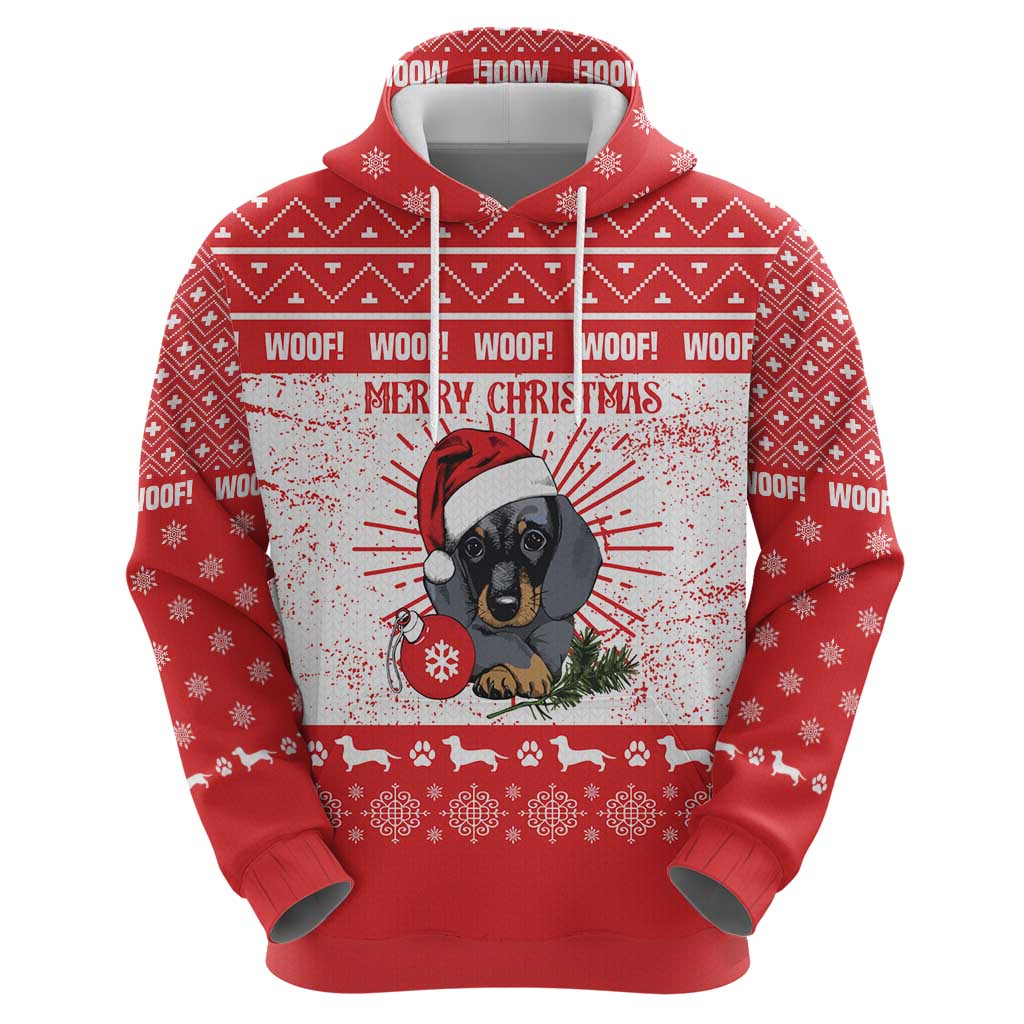 Christmas Dachshund Dog Hoodie Santa Hat Woof Snowflake Paw Design - Wonder Print Shop