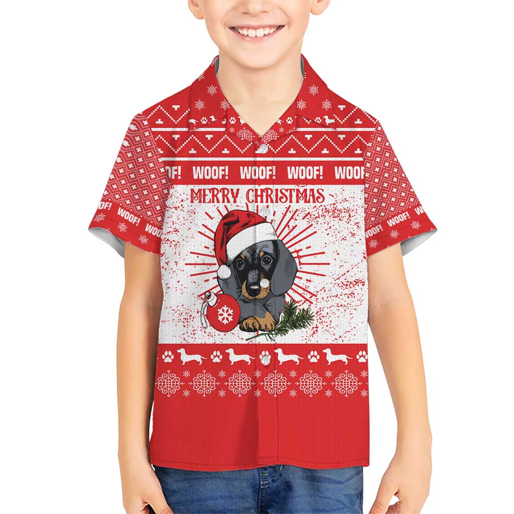 Christmas Dachshund Dog Kid Hawaiian Shirt Santa Hat Woof Snowflake Paw Design - Wonder Print Shop