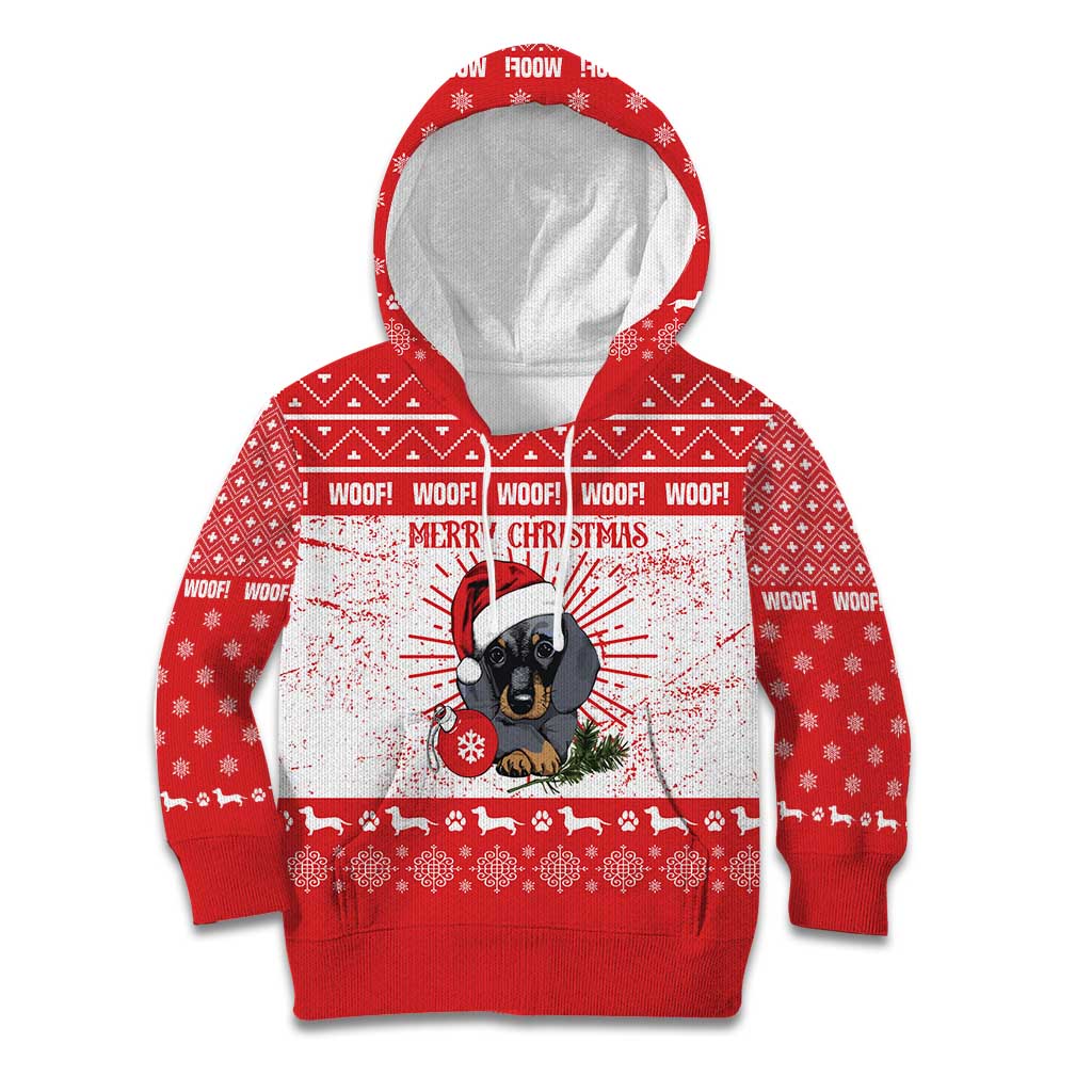Christmas Dachshund Dog Kid Hoodie Santa Hat Woof Snowflake Paw Design - Wonder Print Shop