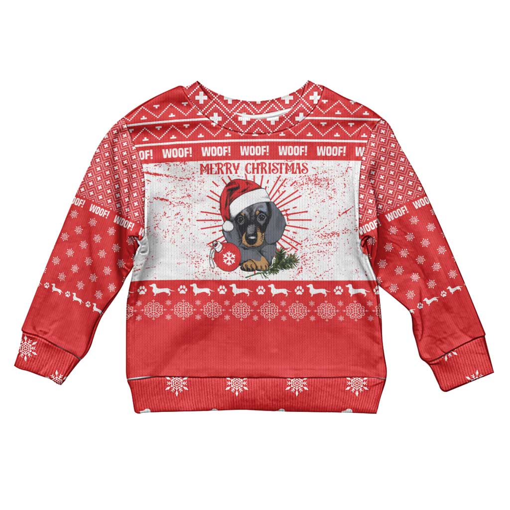 Christmas Dachshund Dog Kid Ugly Christmas Sweater Santa Hat Woof Snowflake Paw Design - Wonder Print Shop
