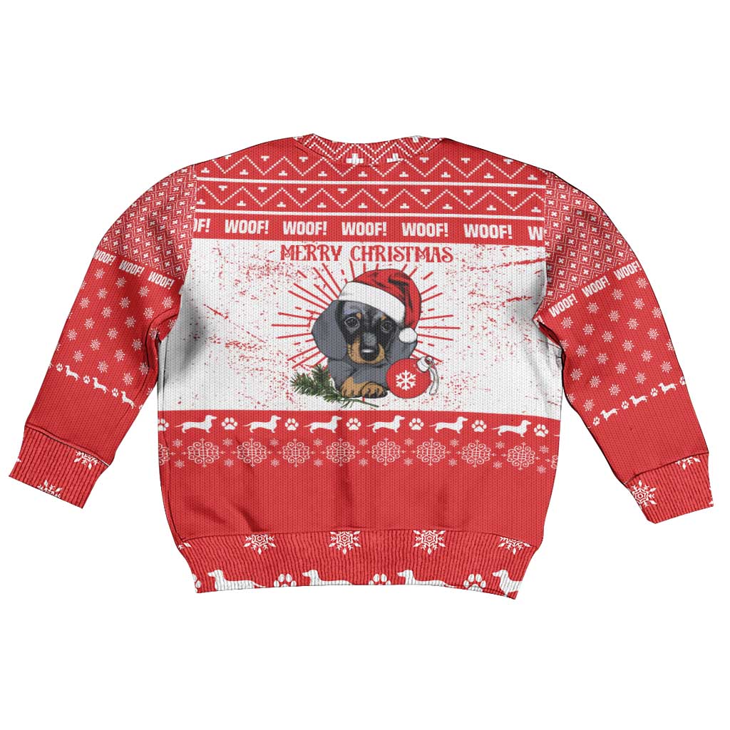Christmas Dachshund Dog Kid Ugly Christmas Sweater Santa Hat Woof Snowflake Paw Design - Wonder Print Shop