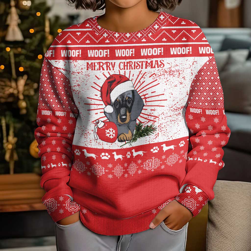 Christmas Dachshund Dog Kid Ugly Christmas Sweater Santa Hat Woof Snowflake Paw Design - Wonder Print Shop