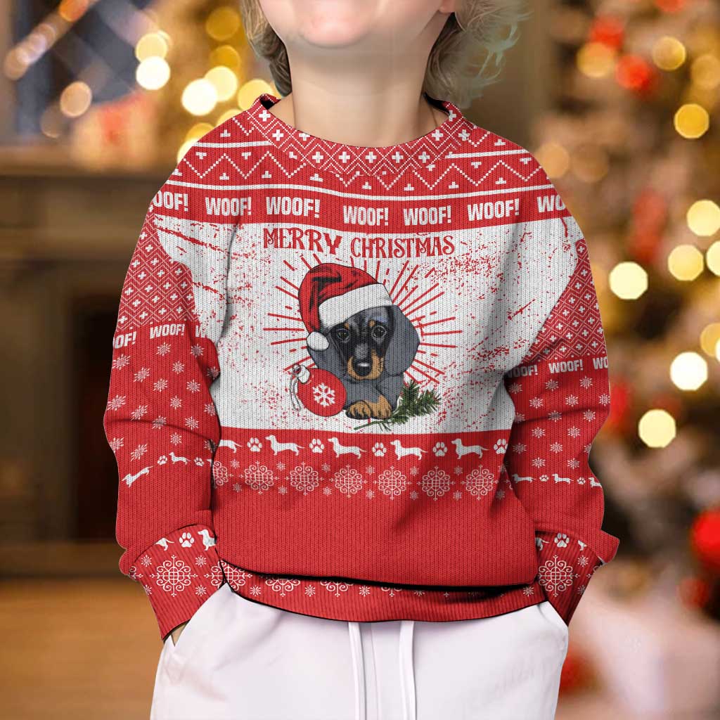 Christmas Dachshund Dog Kid Ugly Christmas Sweater Santa Hat Woof Snowflake Paw Design - Wonder Print Shop