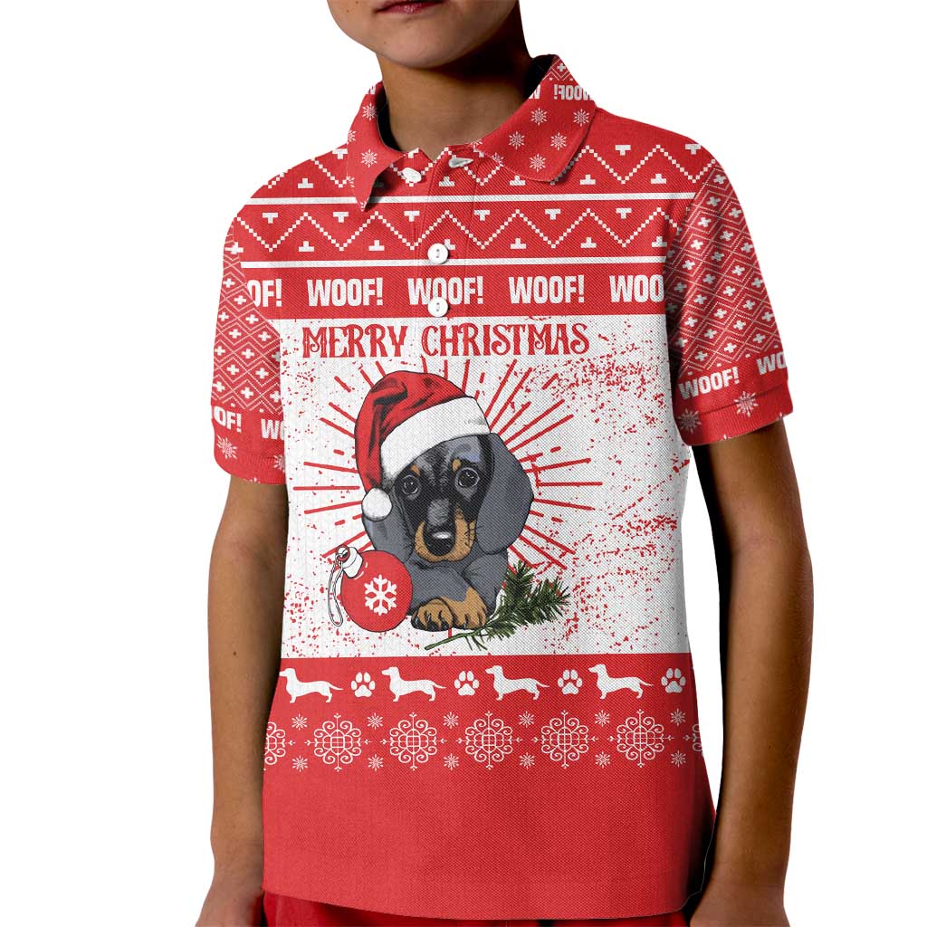 Christmas Dachshund Dog Kid Polo Shirt Santa Hat Woof Snowflake Paw Design - Wonder Print Shop
