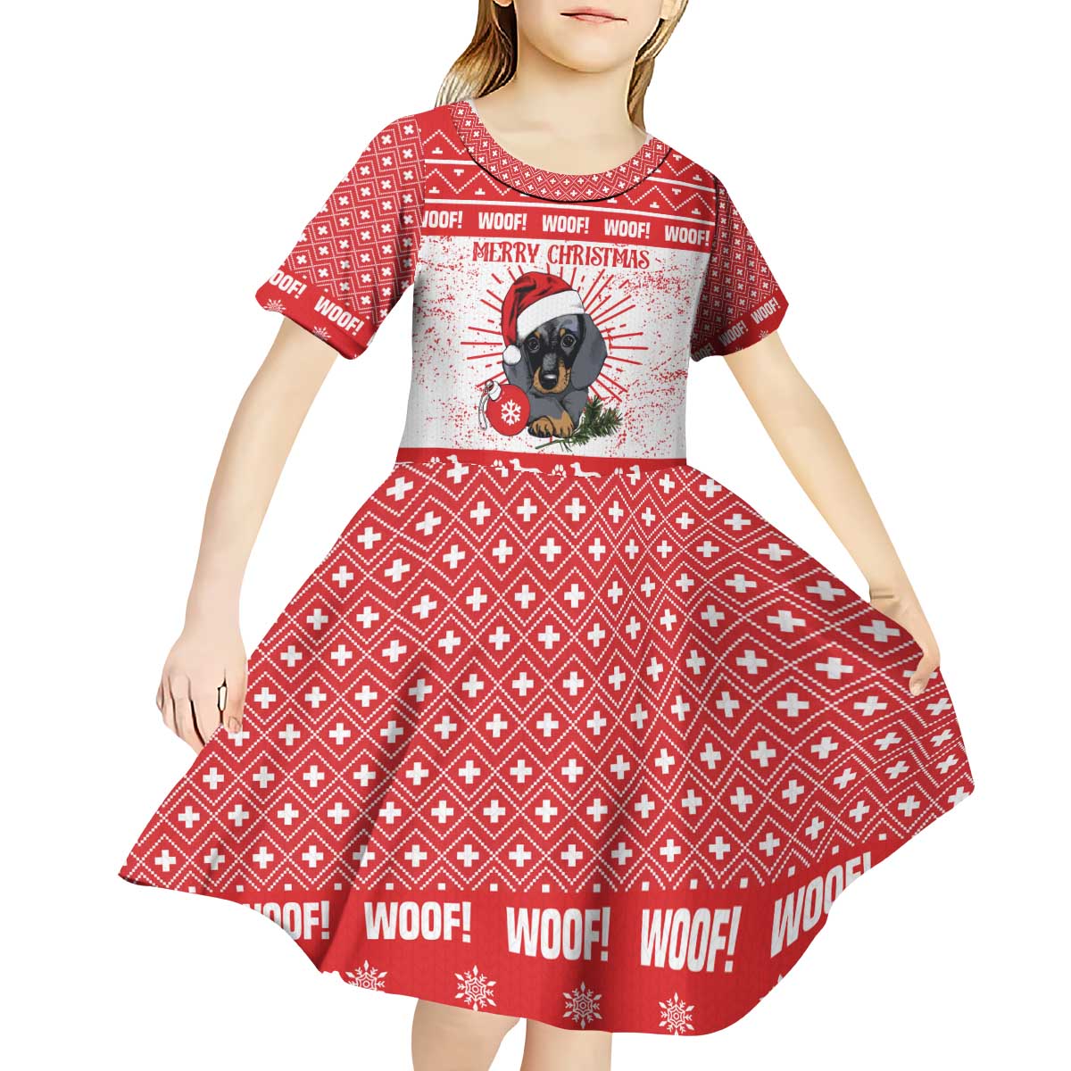 Christmas Dachshund Dog Kid Short Sleeve Dress Santa Hat Woof Snowflake Paw Design - Wonder Print Shop