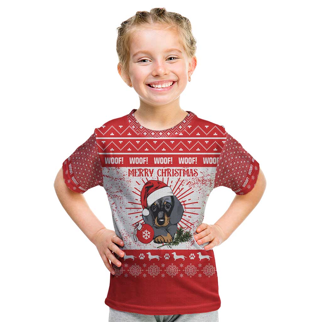 Christmas Dachshund Dog Kid T Shirt Santa Hat Woof Snowflake Paw Design - Wonder Print Shop
