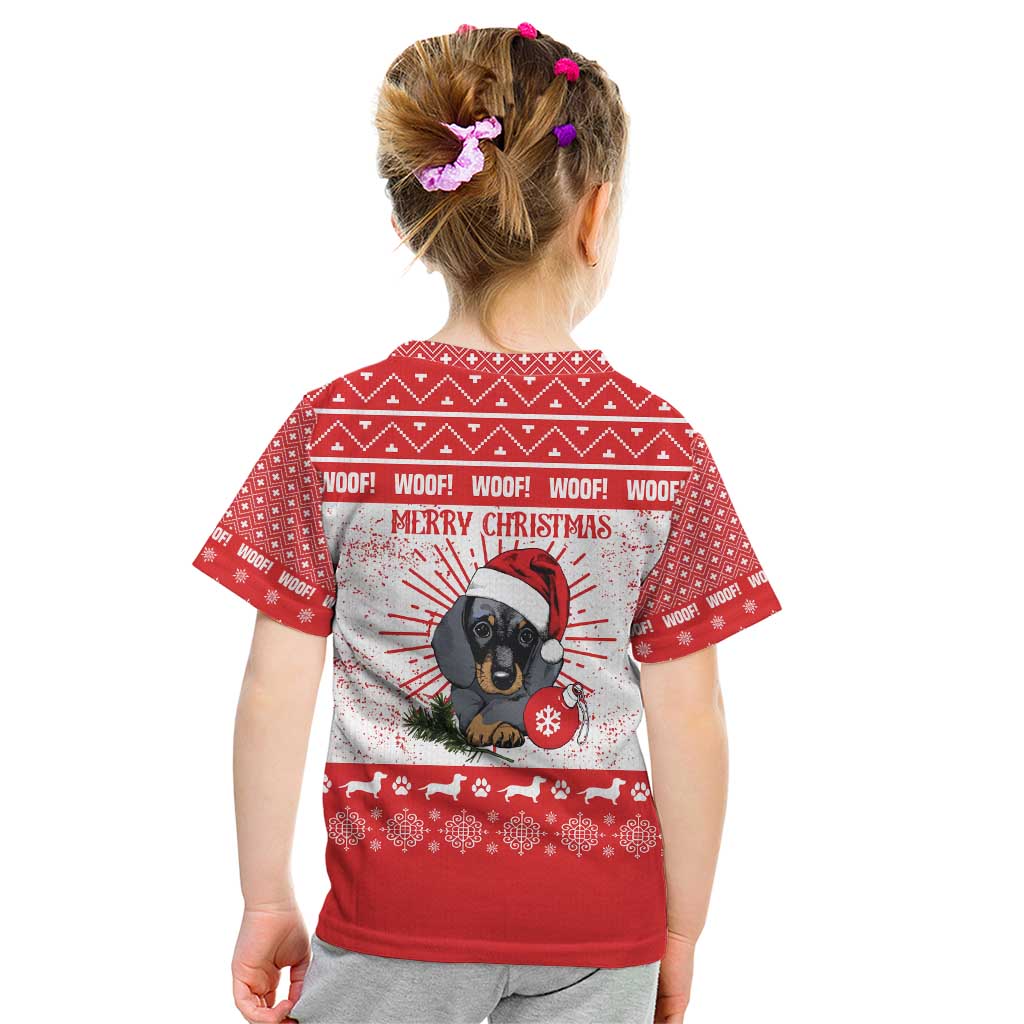 Christmas Dachshund Dog Kid T Shirt Santa Hat Woof Snowflake Paw Design - Wonder Print Shop