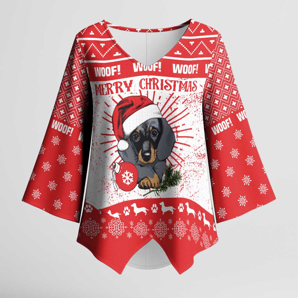 Christmas Dachshund Dog Kimono Sleeve Blouse Santa Hat Woof Snowflake Paw Design - Wonder Print Shop
