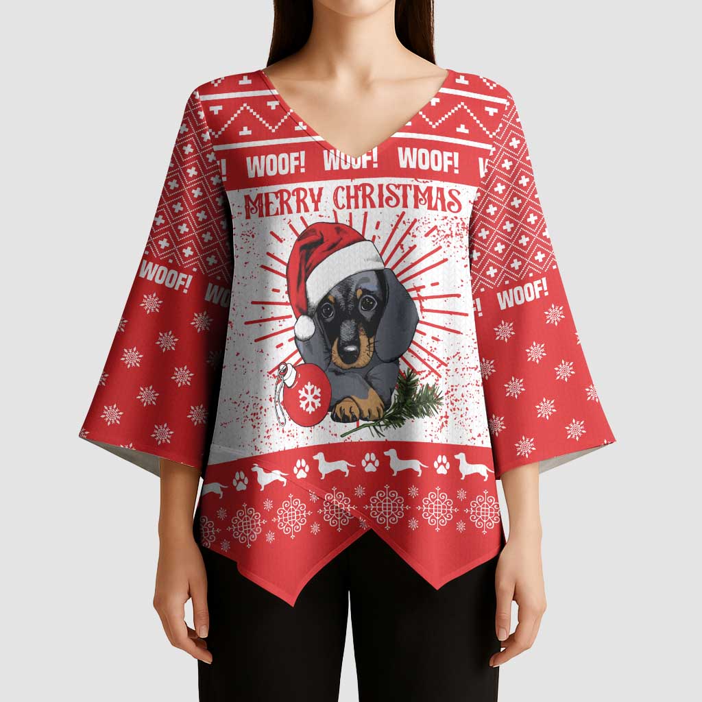 Christmas Dachshund Dog Kimono Sleeve Blouse Santa Hat Woof Snowflake Paw Design - Wonder Print Shop
