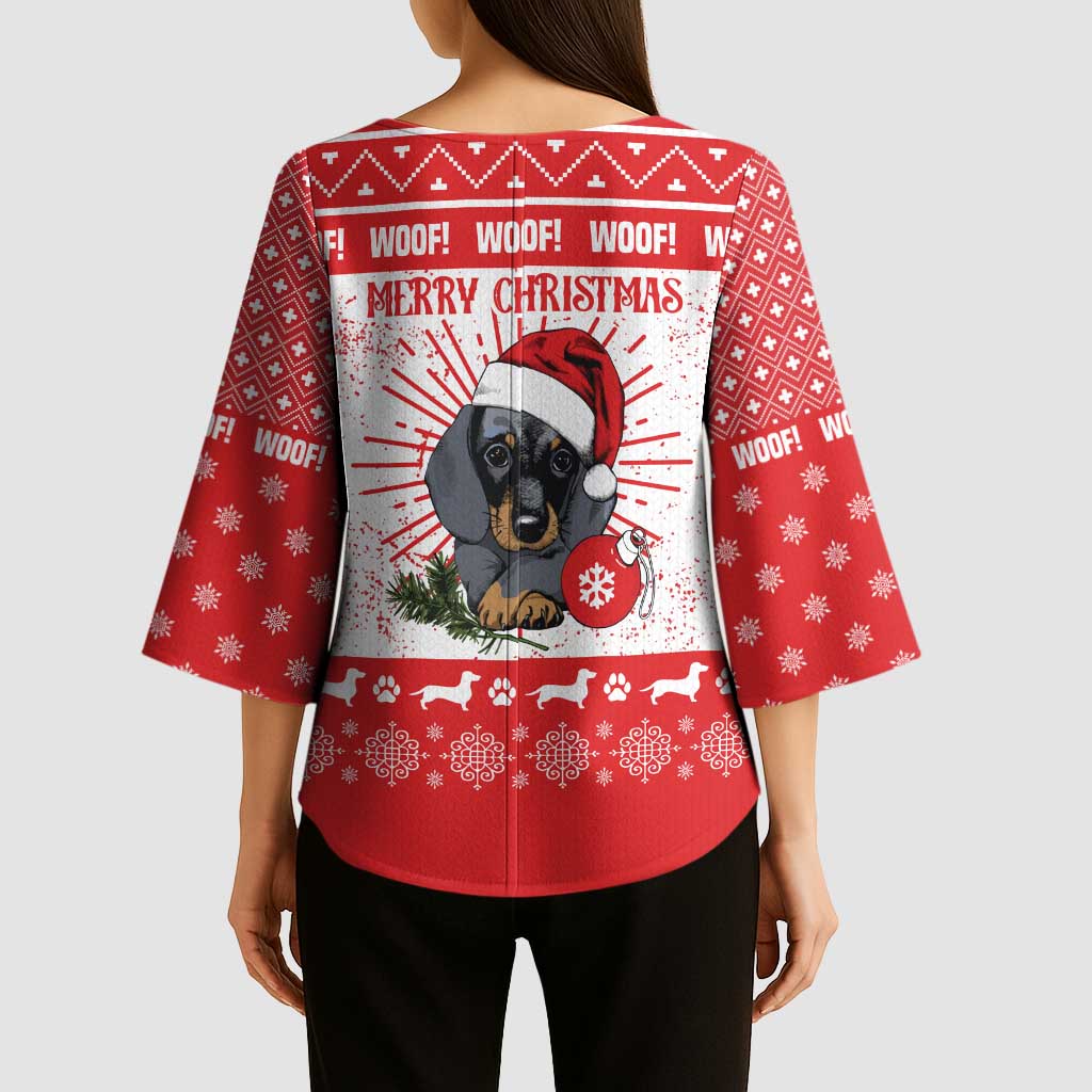 Christmas Dachshund Dog Kimono Sleeve Blouse Santa Hat Woof Snowflake Paw Design - Wonder Print Shop