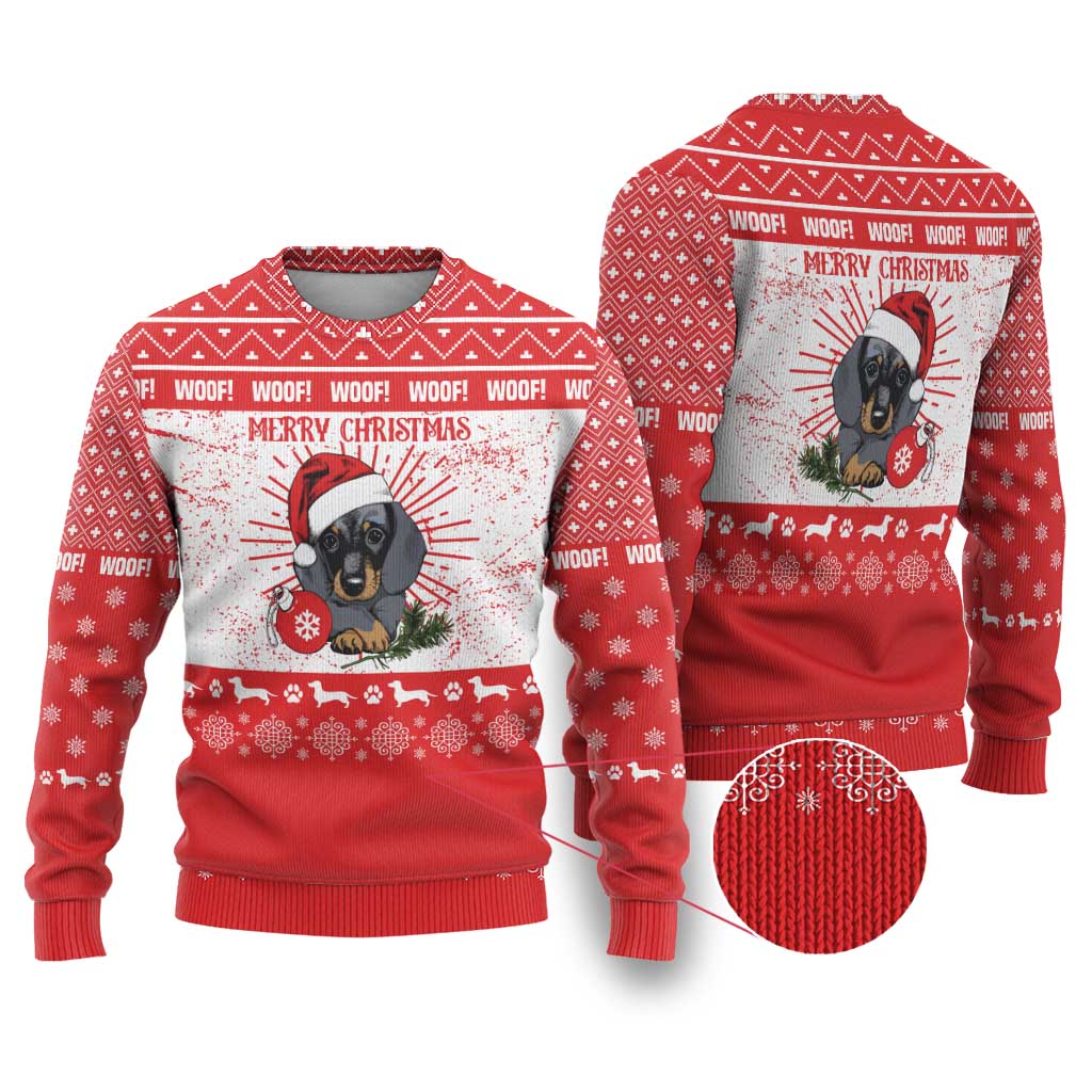 Christmas Dachshund Dog Ugly Christmas Sweater Santa Hat Woof Snowflake Paw Design - Wonder Print Shop