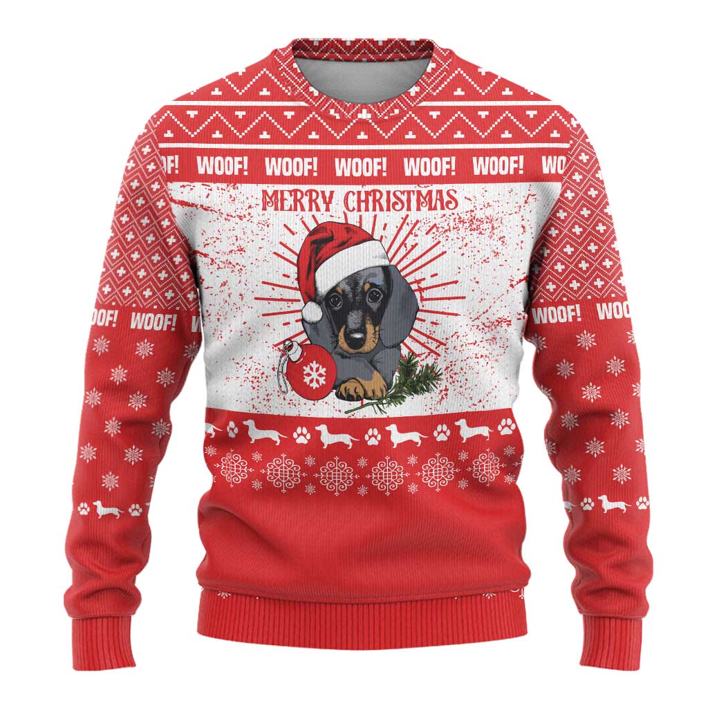 Christmas Dachshund Dog Ugly Christmas Sweater Santa Hat Woof Snowflake Paw Design - Wonder Print Shop
