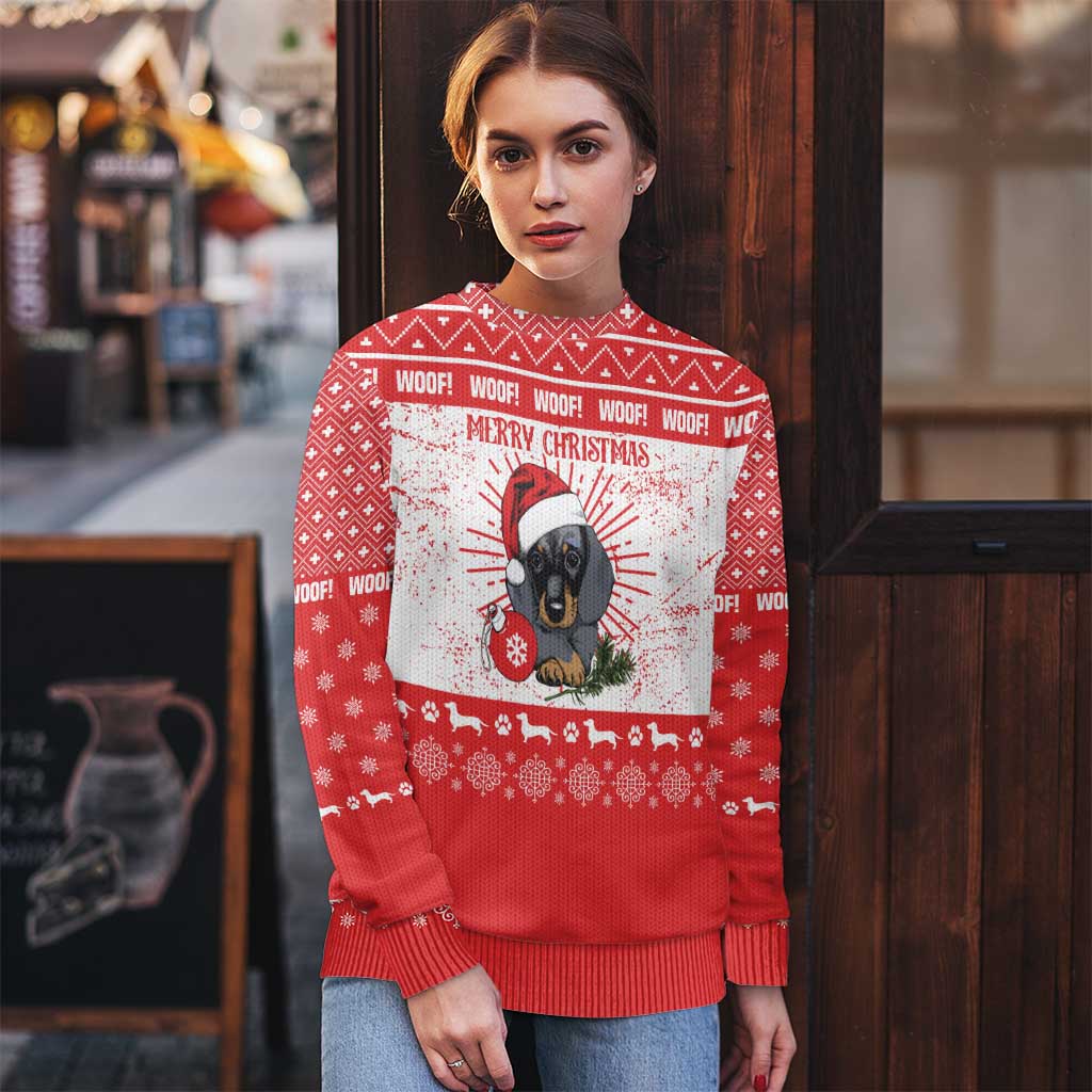 Christmas Dachshund Dog Ugly Christmas Sweater Santa Hat Woof Snowflake Paw Design - Wonder Print Shop