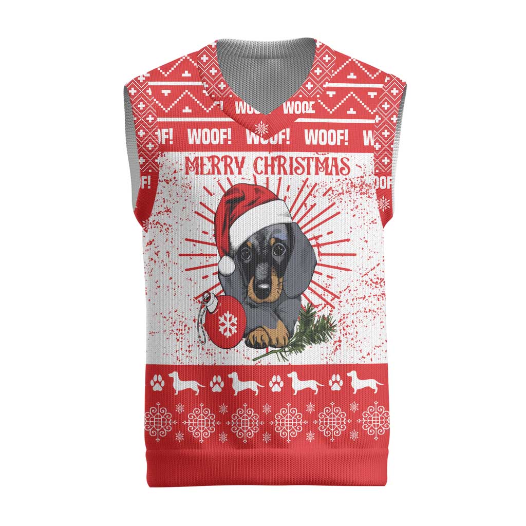 Christmas Dachshund Dog Christmas Knitted V-Neck Vest Santa Hat Woof Snowflake Paw Design - Wonder Print Shop