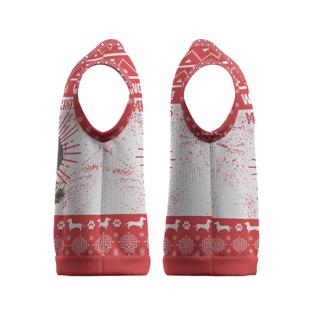 Christmas Dachshund Dog Christmas Knitted V-Neck Vest Santa Hat Woof Snowflake Paw Design - Wonder Print Shop