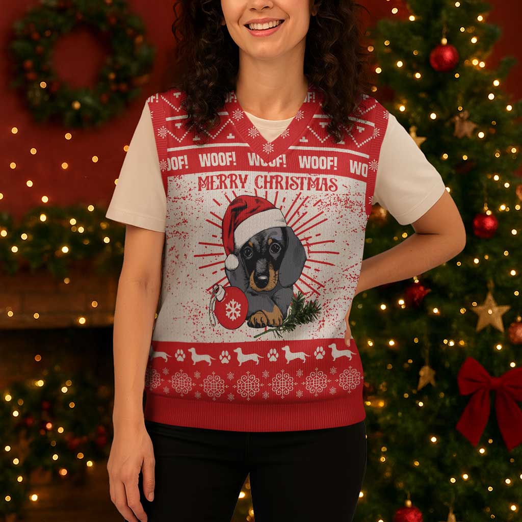 Christmas Dachshund Dog Christmas Knitted V-Neck Vest Santa Hat Woof Snowflake Paw Design - Wonder Print Shop