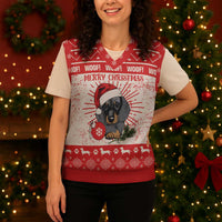 Christmas Dachshund Dog Christmas Knitted V-Neck Vest Santa Hat Woof Snowflake Paw Design - Wonder Print Shop