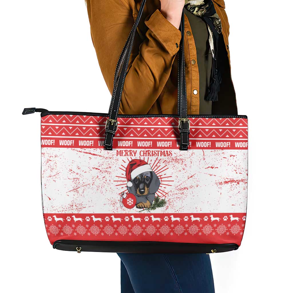 Christmas Dachshund Dog Leather Tote Bag Santa Hat Woof Snowflake Paw Design - Wonder Print Shop
