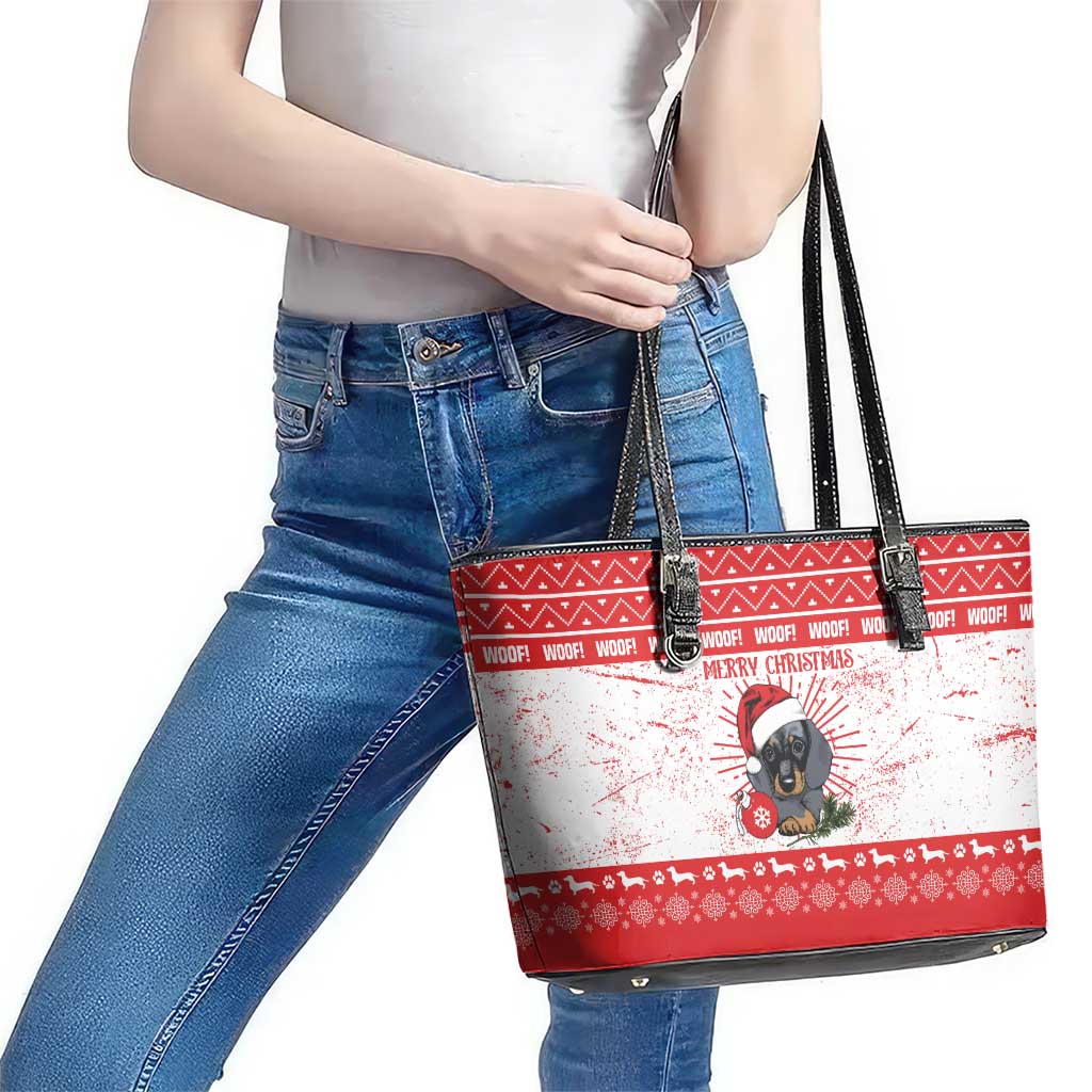 Christmas Dachshund Dog Leather Tote Bag Santa Hat Woof Snowflake Paw Design - Wonder Print Shop