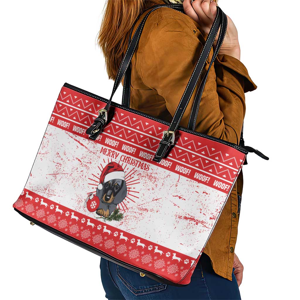 Christmas Dachshund Dog Leather Tote Bag Santa Hat Woof Snowflake Paw Design - Wonder Print Shop