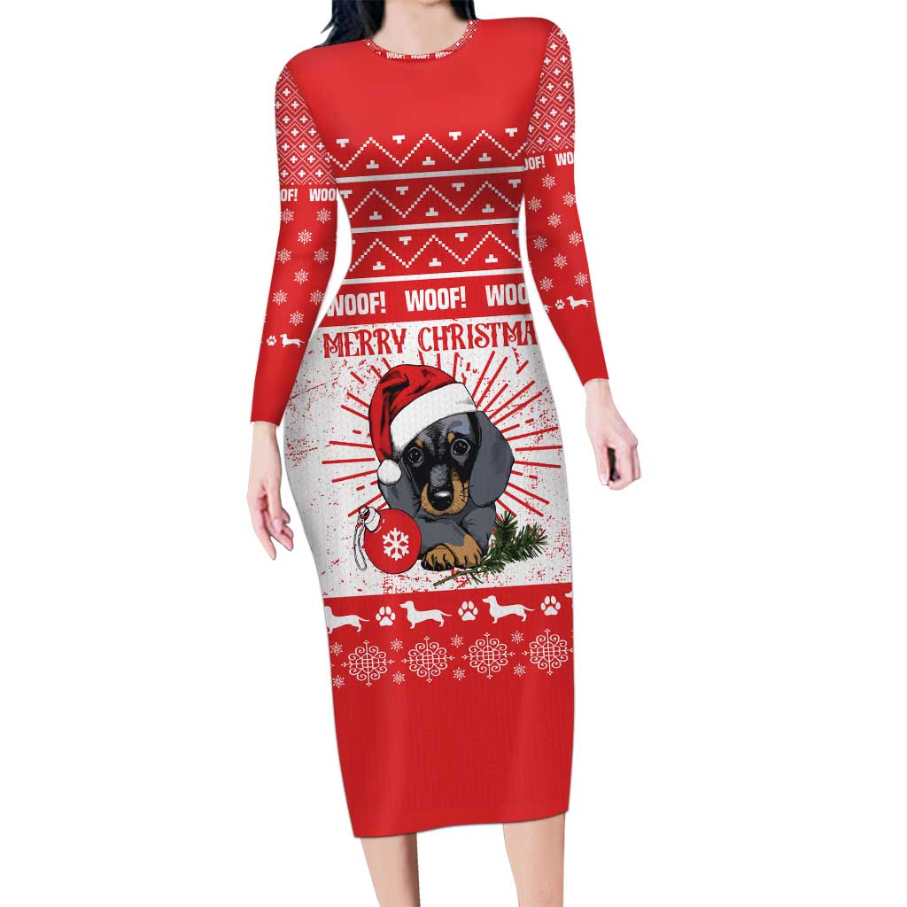 Christmas Dachshund Dog Long Sleeve Bodycon Dress Santa Hat Woof Snowflake Paw Design - Wonder Print Shop