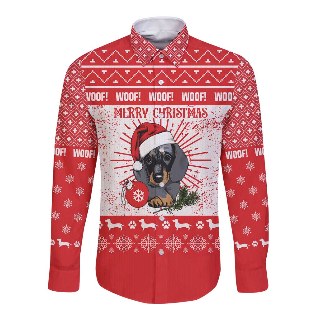 Christmas Dachshund Dog Long Sleeve Button Shirt Santa Hat Woof Snowflake Paw Design - Wonder Print Shop