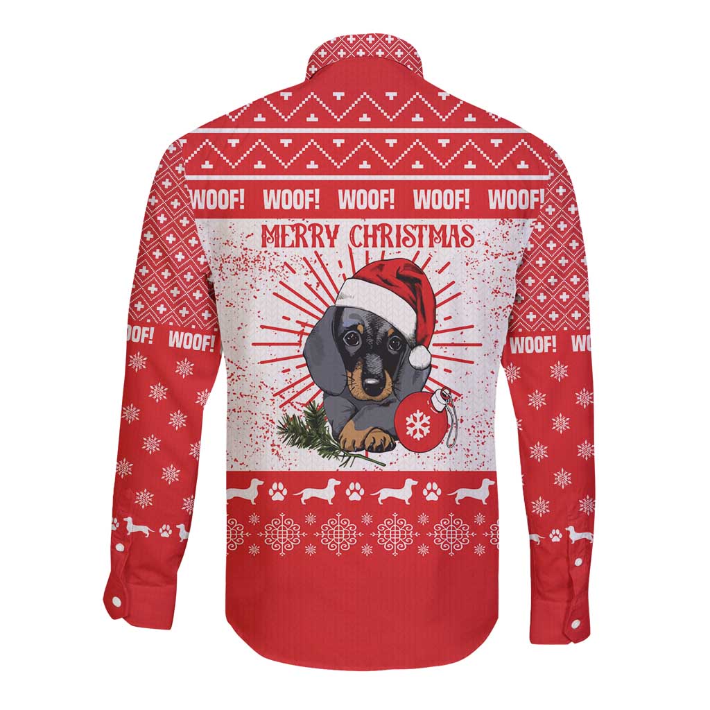 Christmas Dachshund Dog Long Sleeve Button Shirt Santa Hat Woof Snowflake Paw Design - Wonder Print Shop