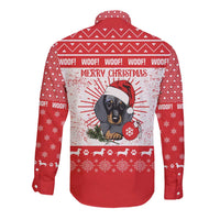 Christmas Dachshund Dog Long Sleeve Button Shirt Santa Hat Woof Snowflake Paw Design - Wonder Print Shop