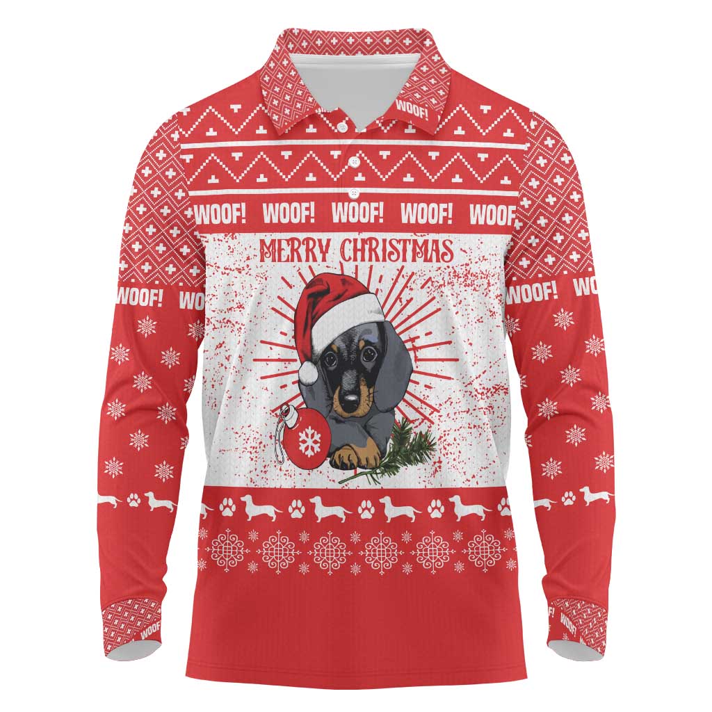 Christmas Dachshund Dog Long Sleeve Polo Shirt Santa Hat Woof Snowflake Paw Design - Wonder Print Shop