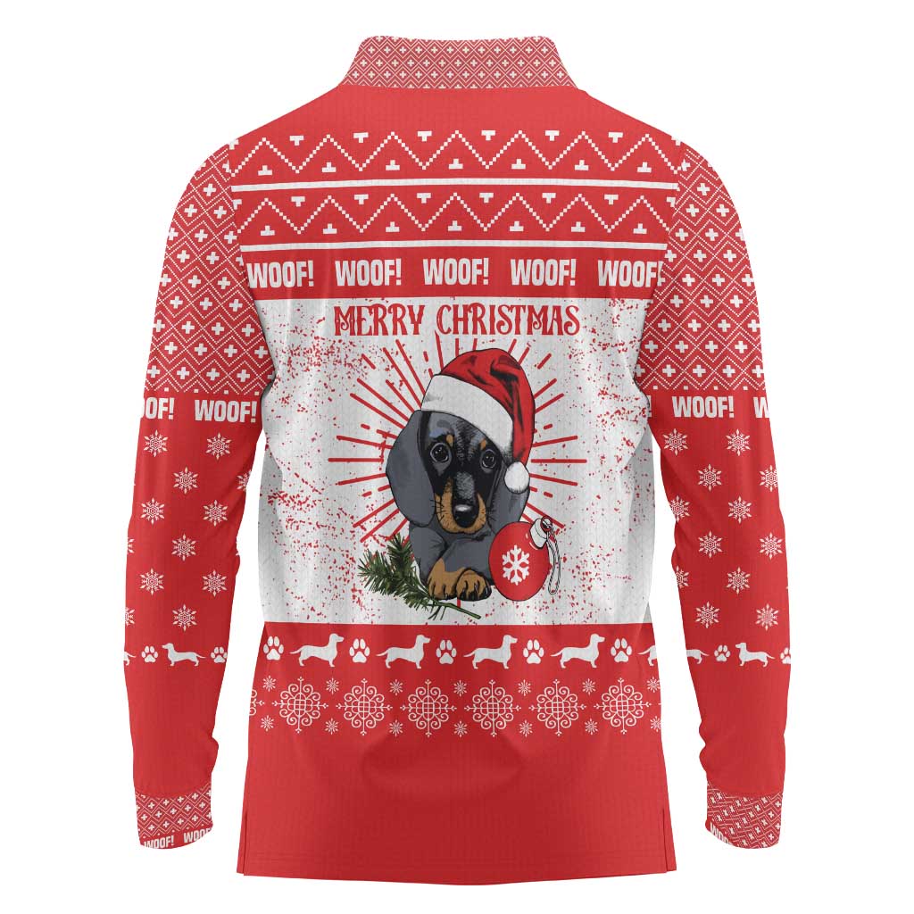 Christmas Dachshund Dog Long Sleeve Polo Shirt Santa Hat Woof Snowflake Paw Design - Wonder Print Shop