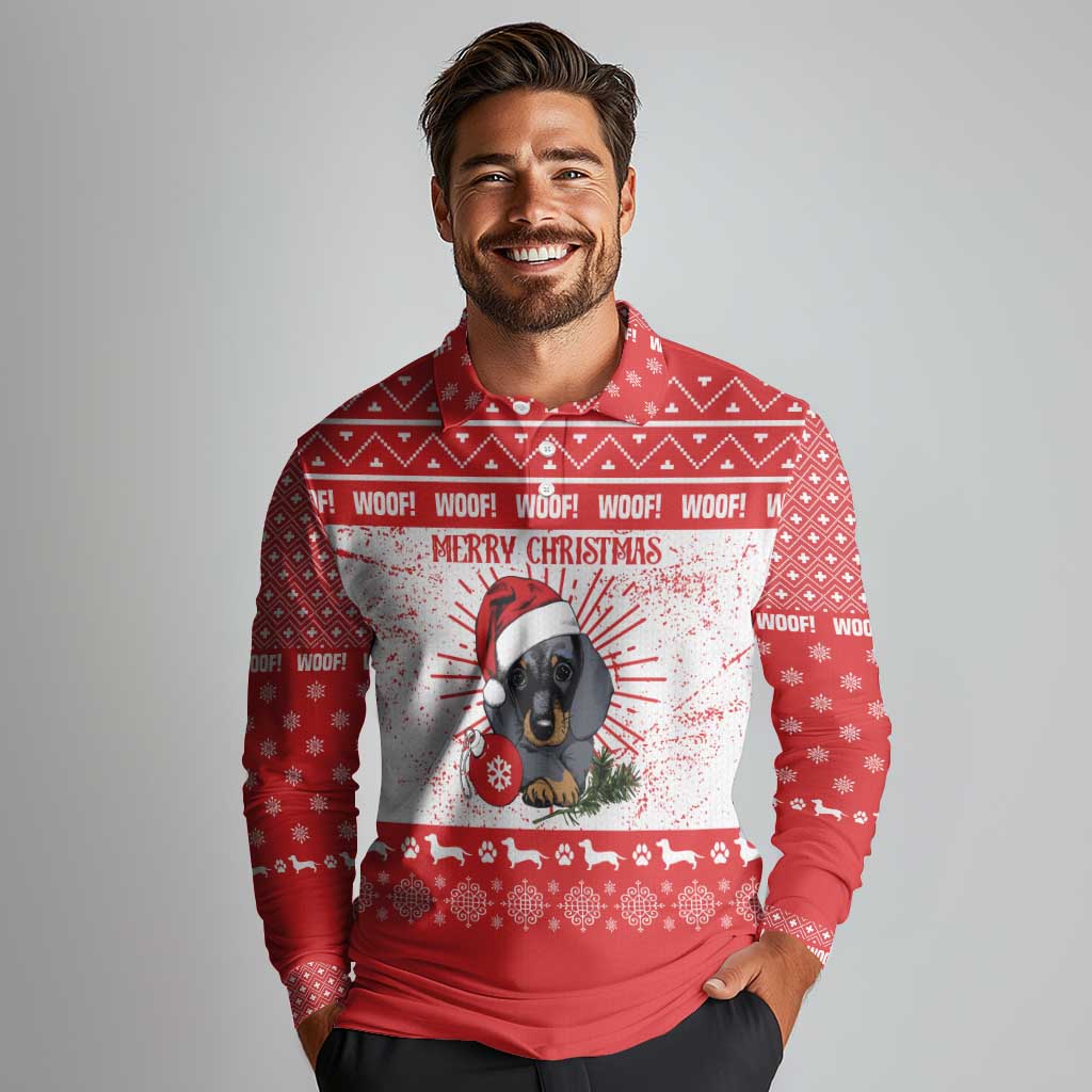 Christmas Dachshund Dog Long Sleeve Polo Shirt Santa Hat Woof Snowflake Paw Design - Wonder Print Shop