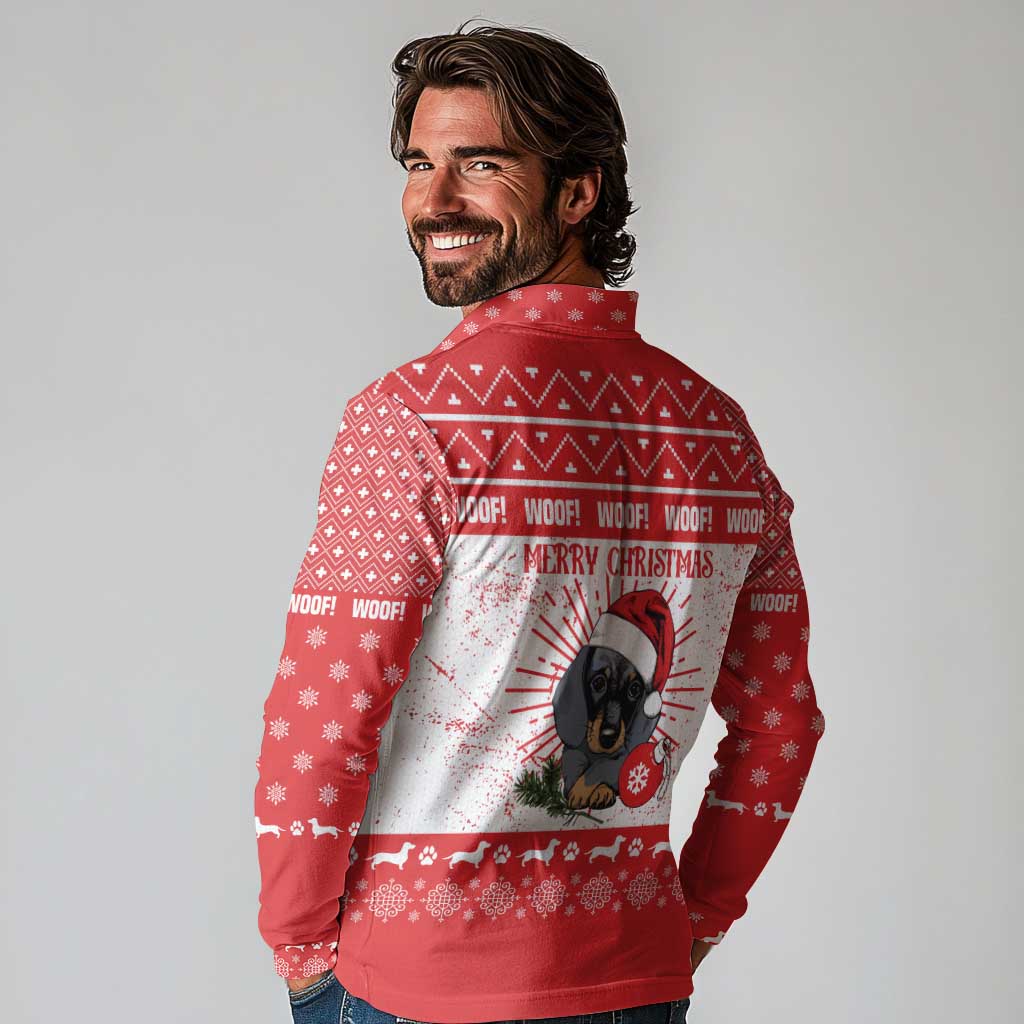 Christmas Dachshund Dog Long Sleeve Polo Shirt Santa Hat Woof Snowflake Paw Design - Wonder Print Shop