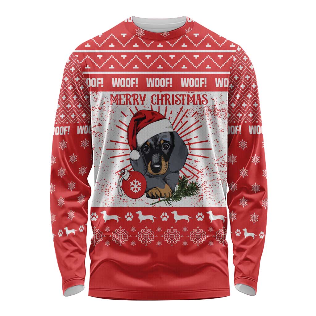 Christmas Dachshund Dog Long Sleeve Shirt Santa Hat Woof Snowflake Paw Design - Wonder Print Shop