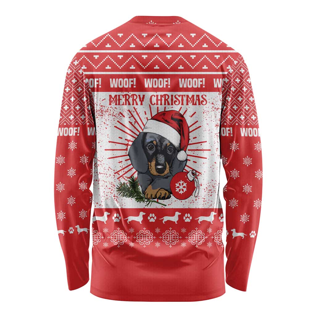 Christmas Dachshund Dog Long Sleeve Shirt Santa Hat Woof Snowflake Paw Design - Wonder Print Shop